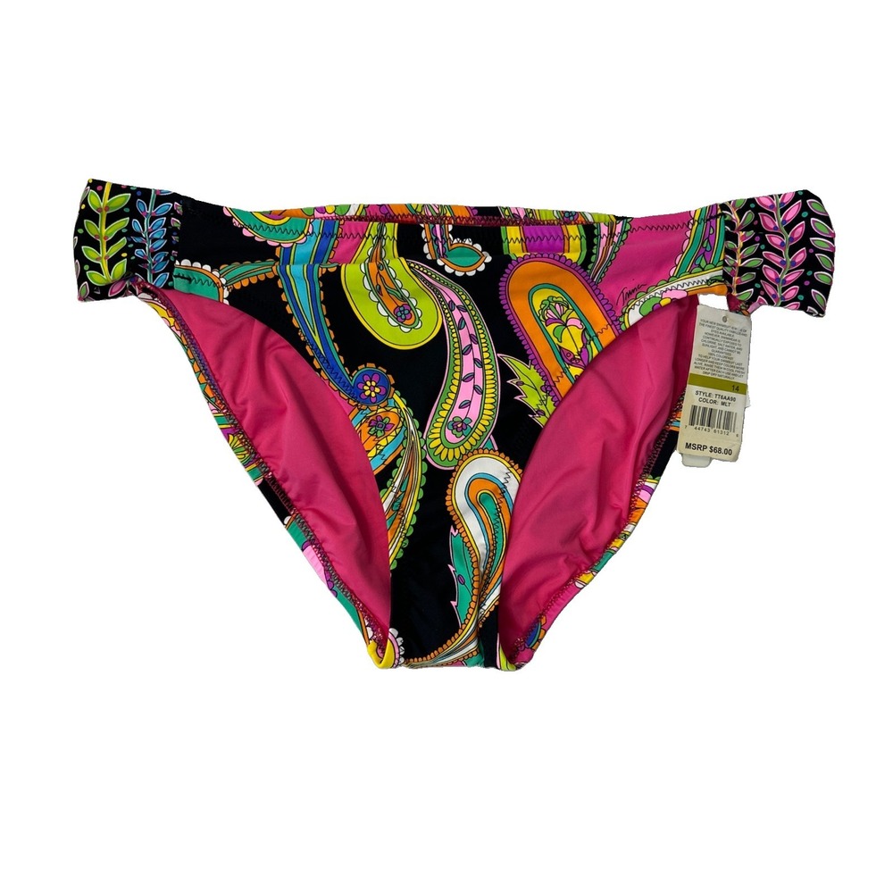 Trina Turk Garden Paisley Swim Bikini Bottoms Shirred Side Hipster Black Pink 14